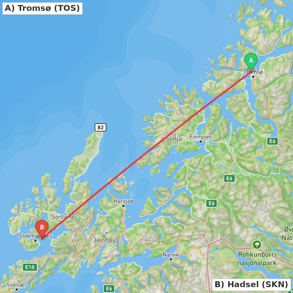 Flight route map from Tromsø to Hadsel