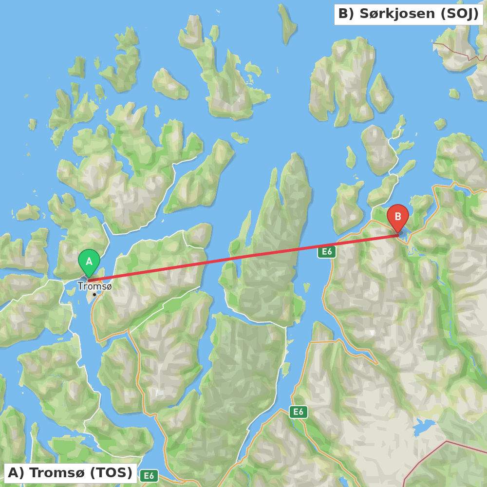 Flight route map from Tromsø to Sørkjosen