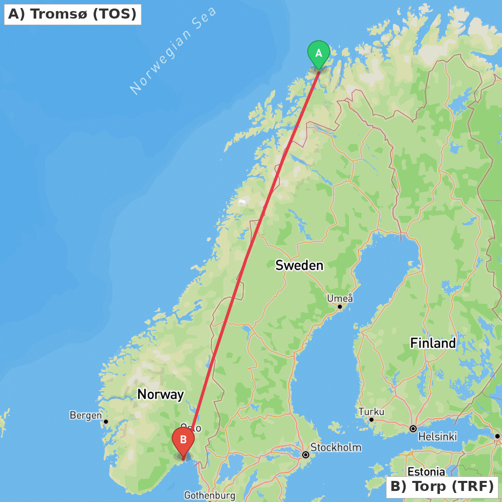 Flight route map from Tromsø to Torp