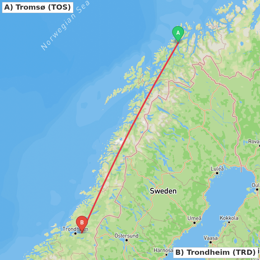 Flight route map from Tromsø to Trondheim