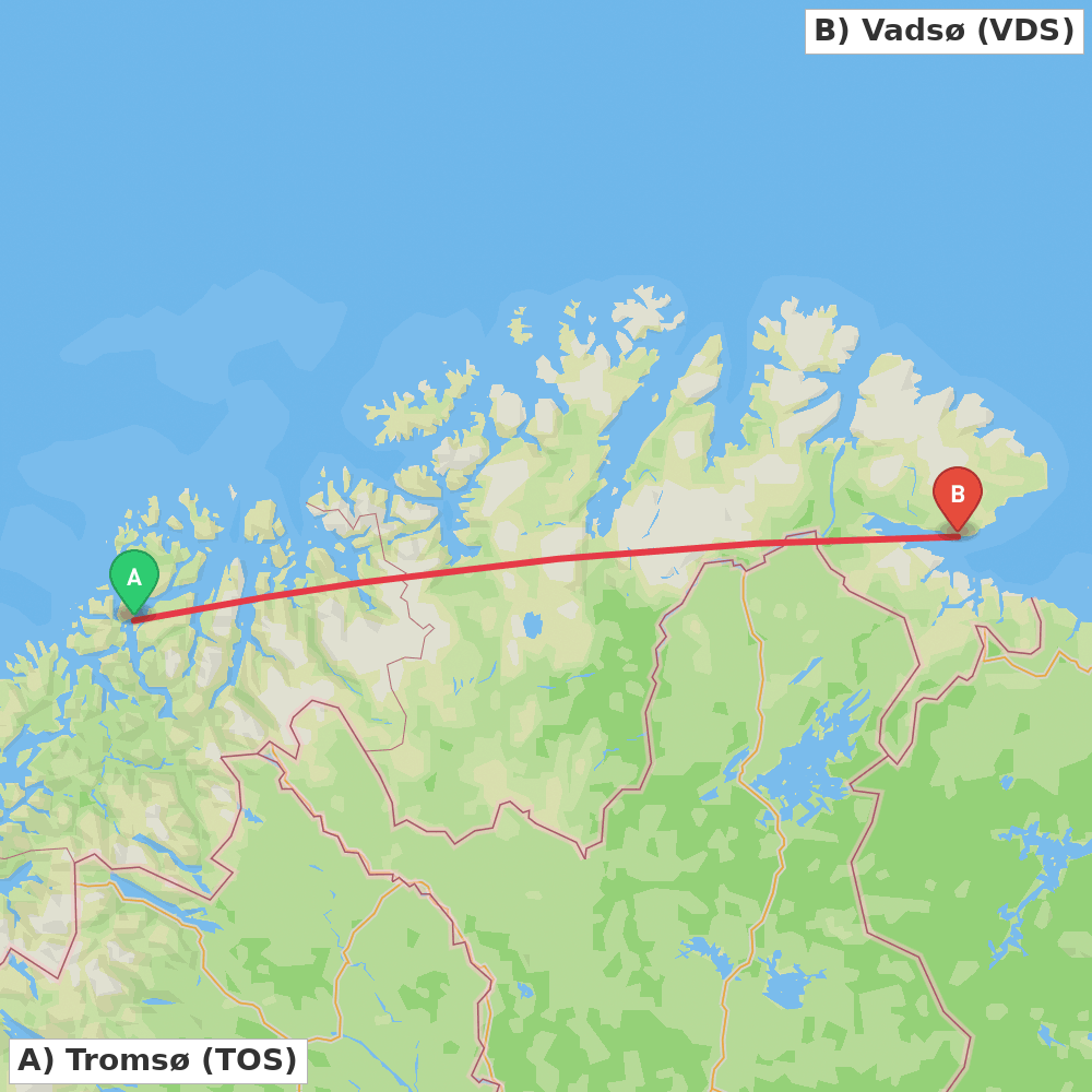 Flight route map from Tromsø to Vadsø