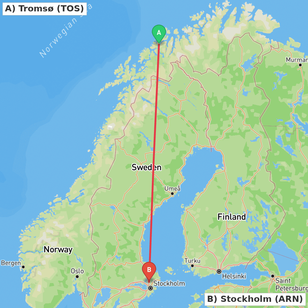 Flight route map from Tromsø to Stockholm