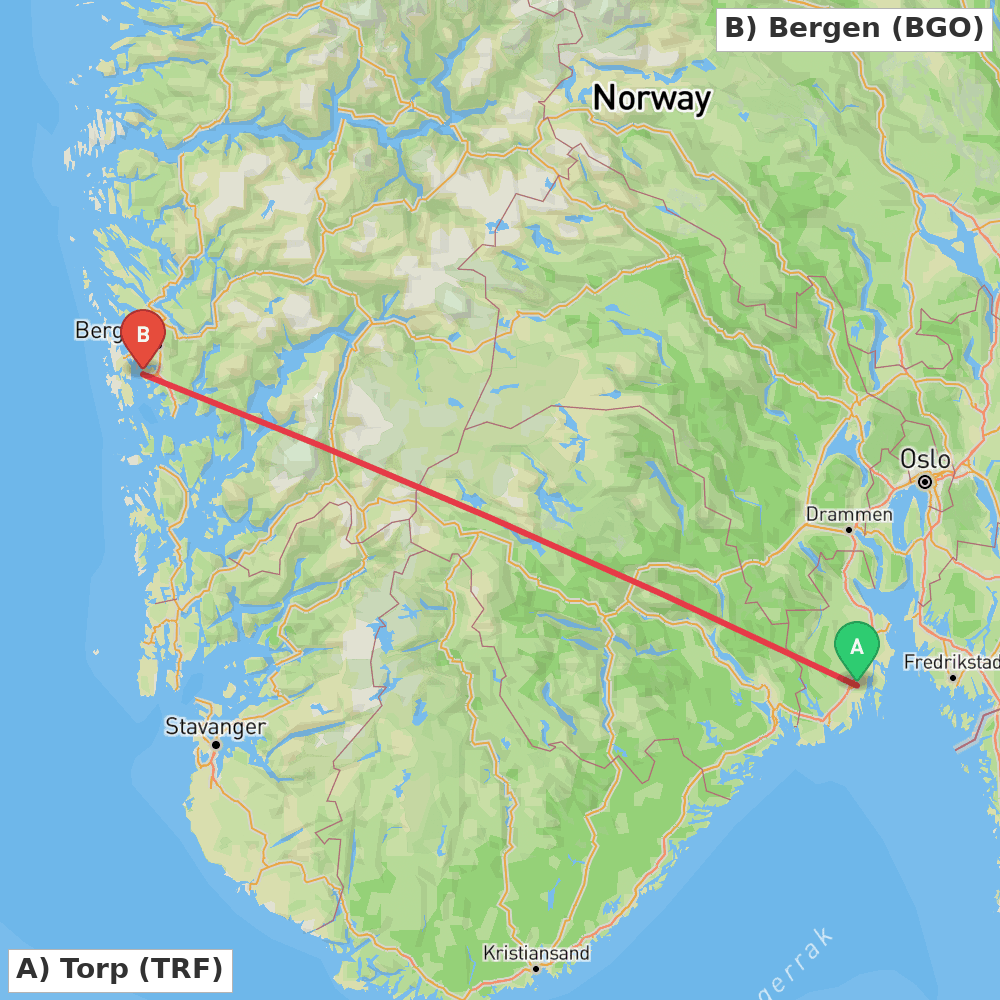 Flight route map from Torp to Bergen