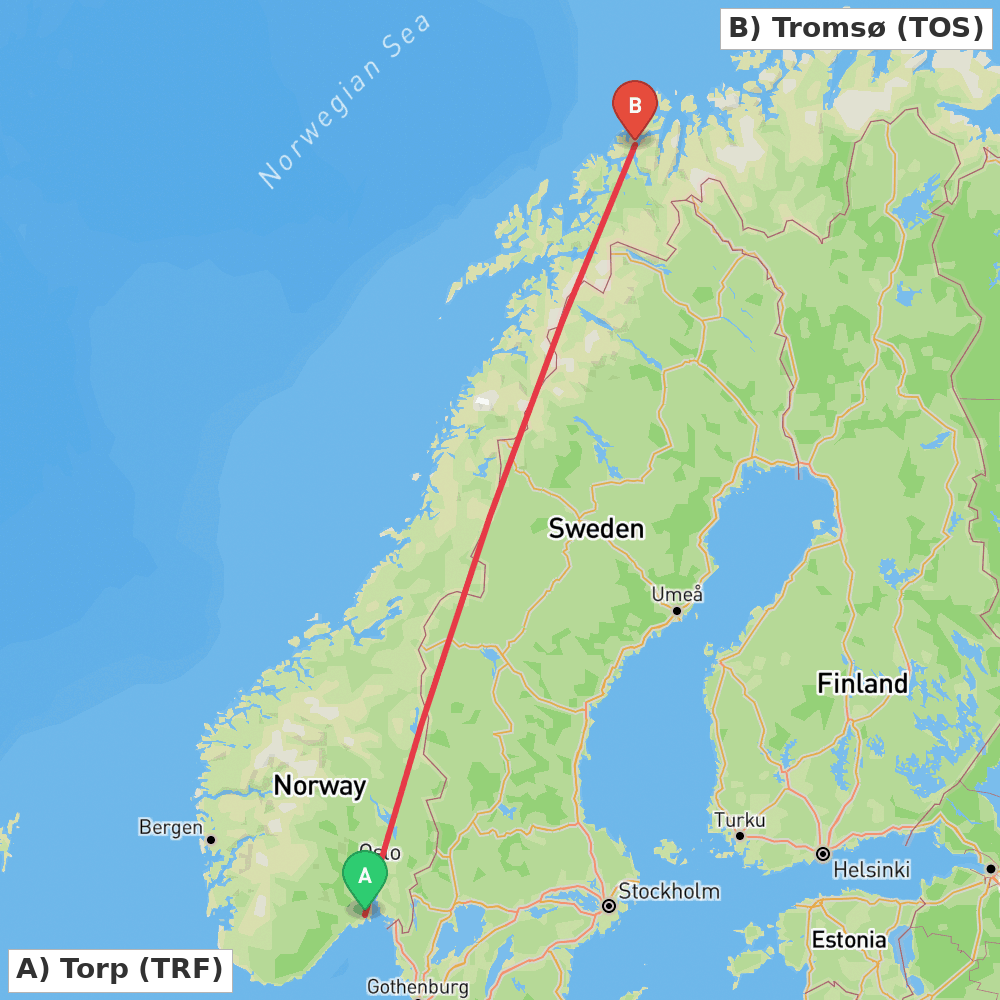 Flight route map from Torp to Tromsø