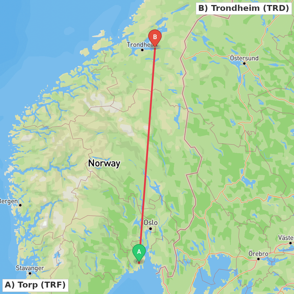Flight route map from Torp to Trondheim