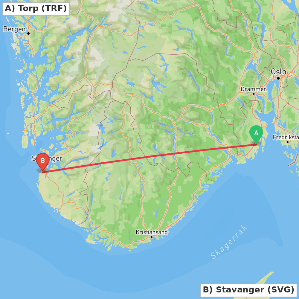 Flight route map from Torp to Stavanger