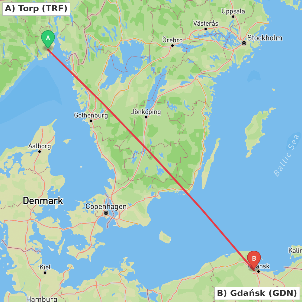 Flight route map from Torp to Gdańsk