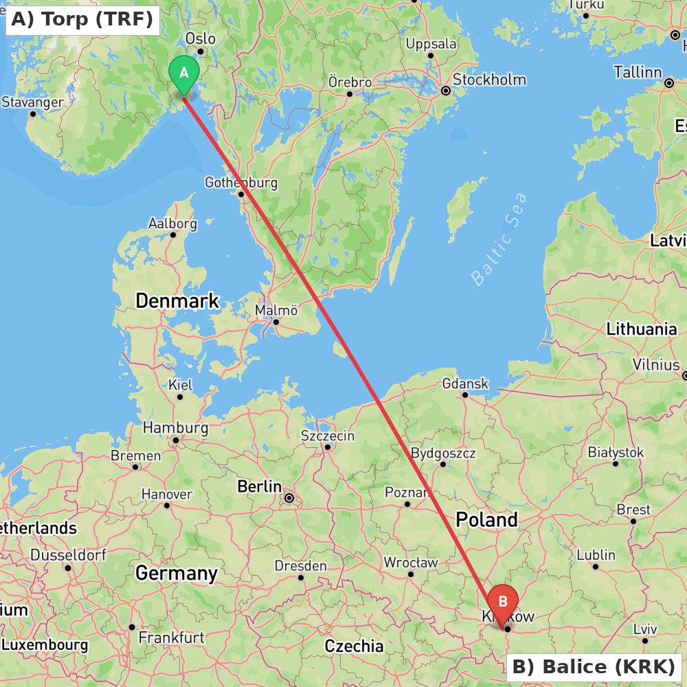 Flight route map from Torp to Balice
