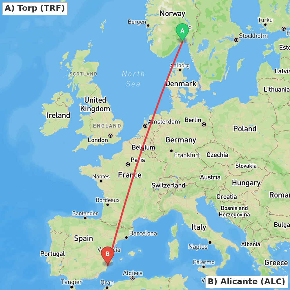 Flight route map from Torp to Alicante
