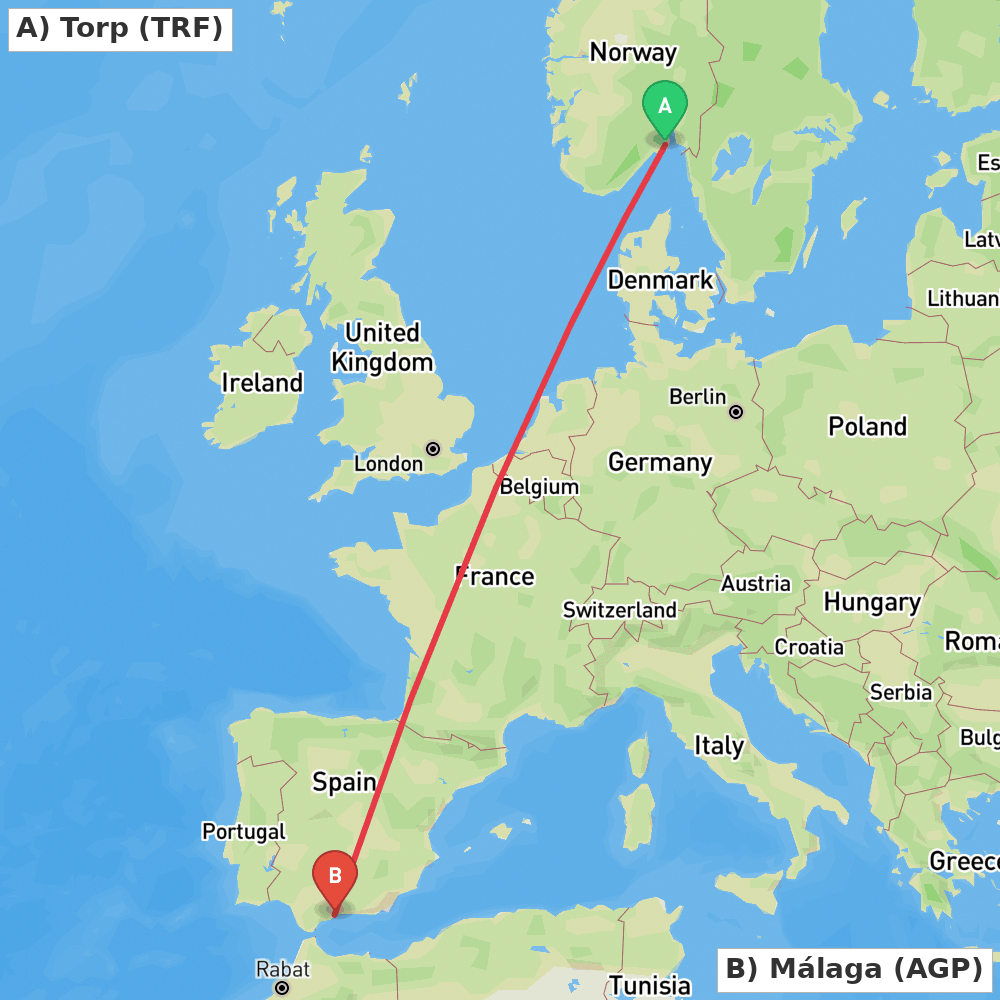Flight route map from Torp to Málaga