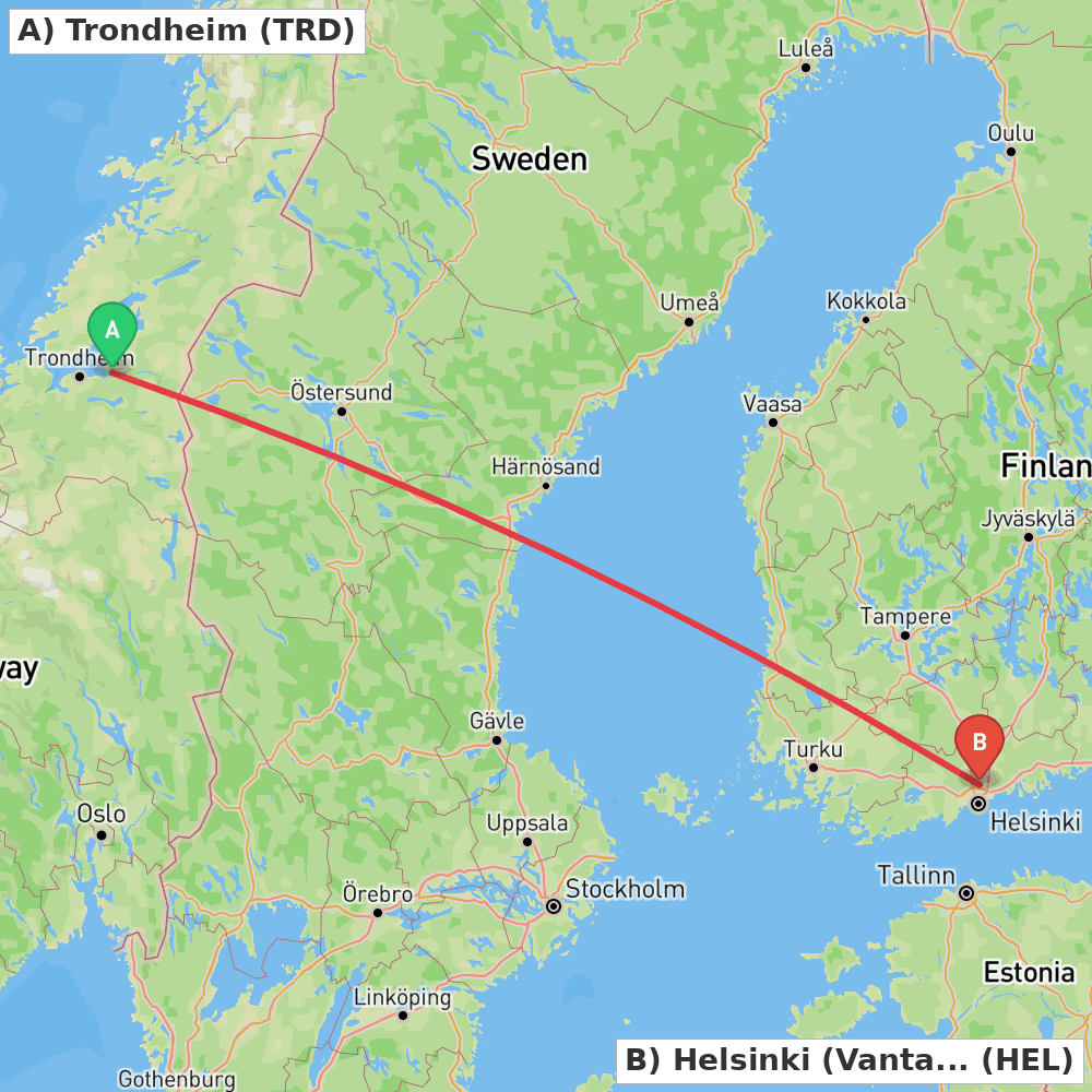 Flight route map from Trondheim to Helsinki (Vantaa)