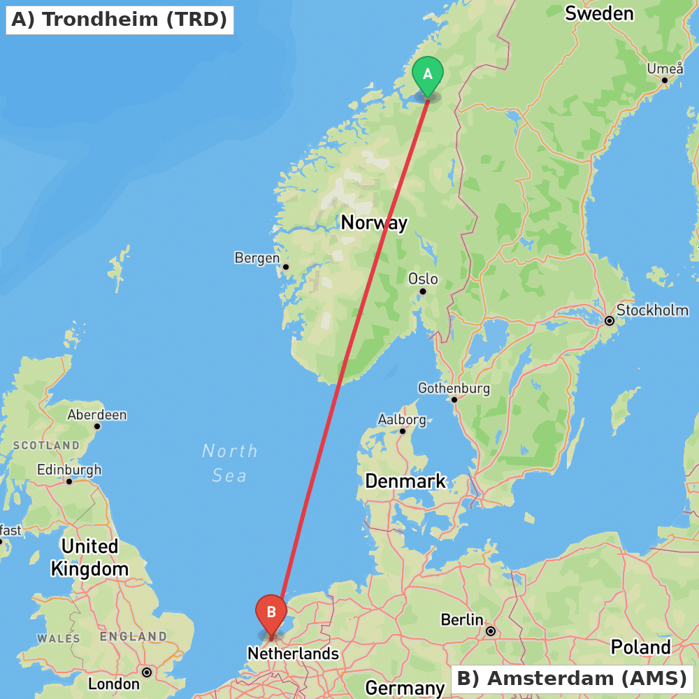 Flight route map from Trondheim to Amsterdam