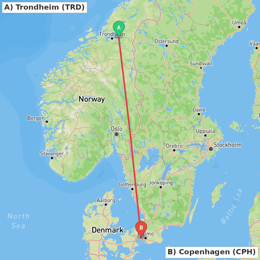 Flight route map from Trondheim to Copenhagen
