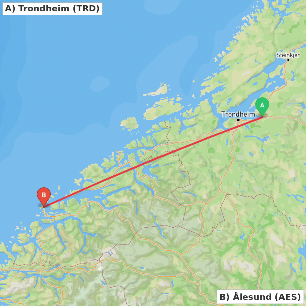 Flight route map from Trondheim to Ålesund