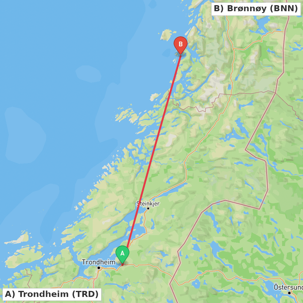 Flight route map from Trondheim to Brønnøy