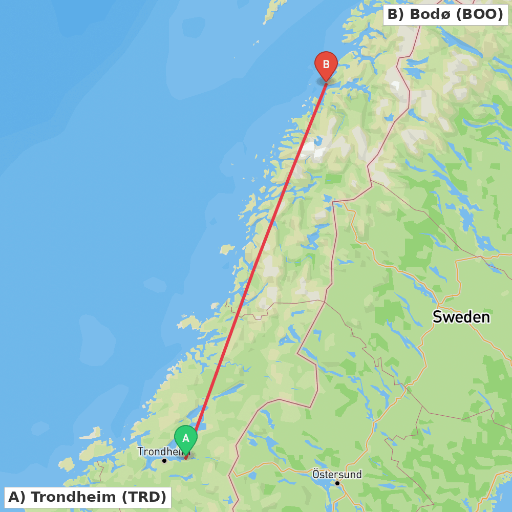 Flight route map from Trondheim to Bodø