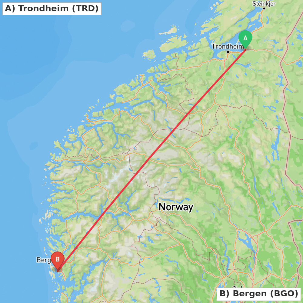 Flight route map from Trondheim to Bergen