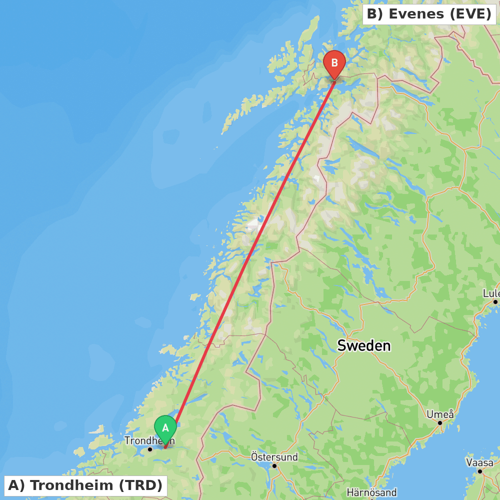 Flight route map from Trondheim to Evenes