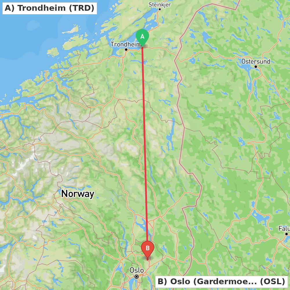 Flight route map from Trondheim to Oslo (Gardermoen)