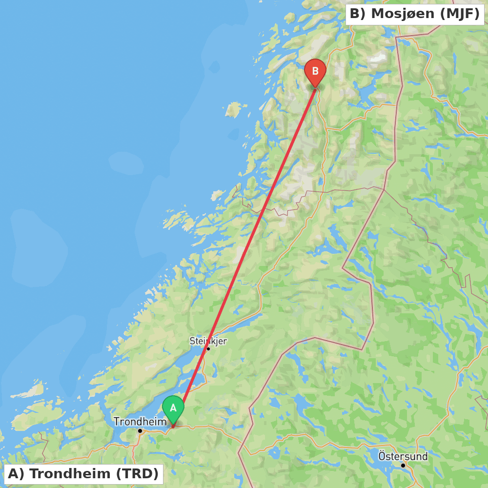 Flight route map from Trondheim to Mosjøen