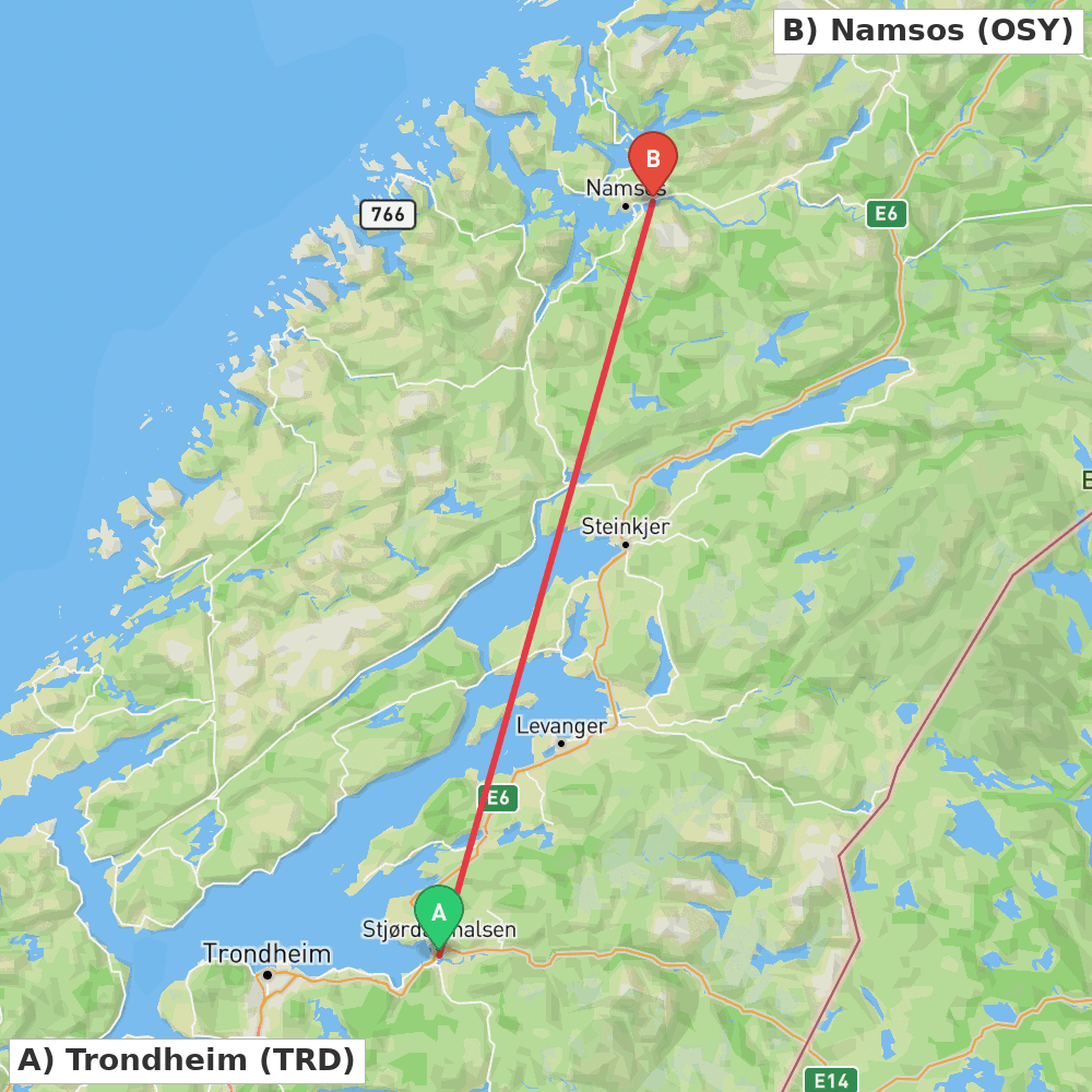 Flight route map from Trondheim to Namsos