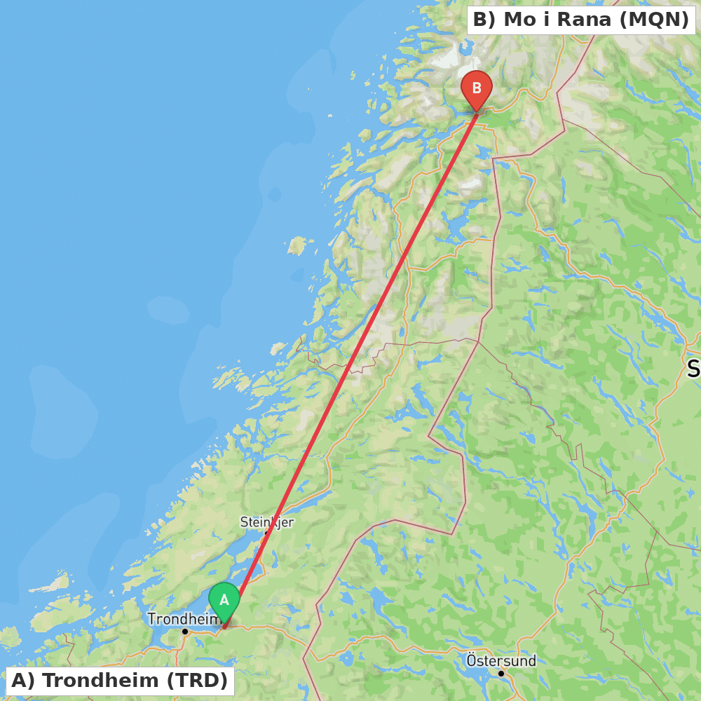 Flight route map from Trondheim to Mo i Rana