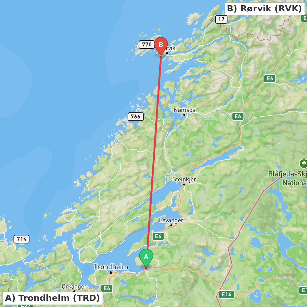 Flight route map from Trondheim to Rørvik