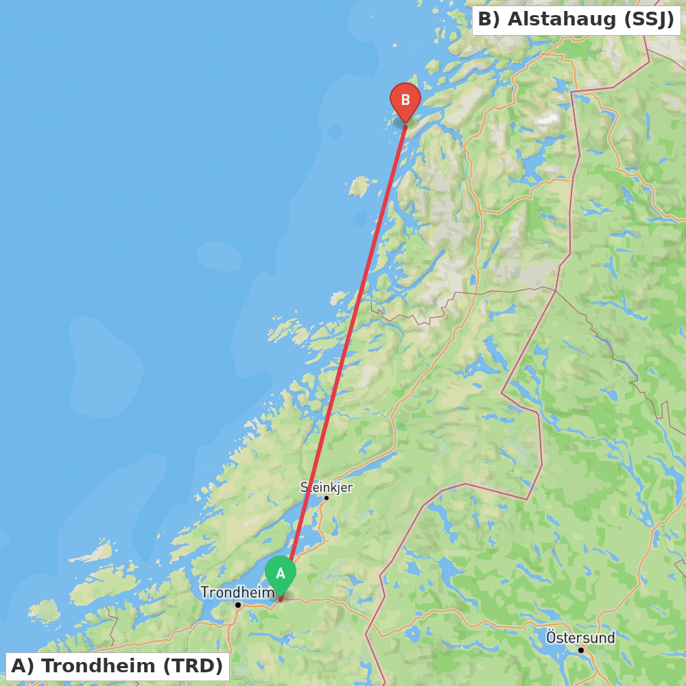 Flight route map from Trondheim to Alstahaug