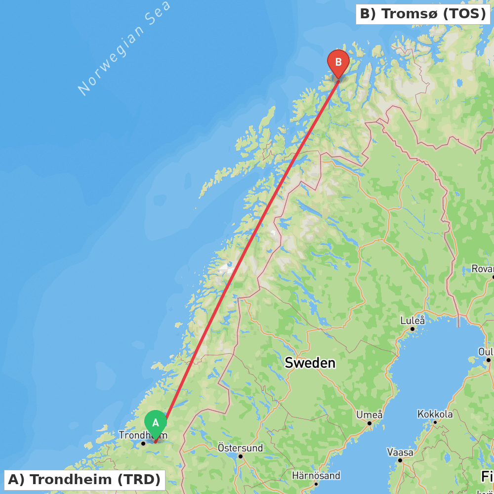 Flight route map from Trondheim to Tromsø