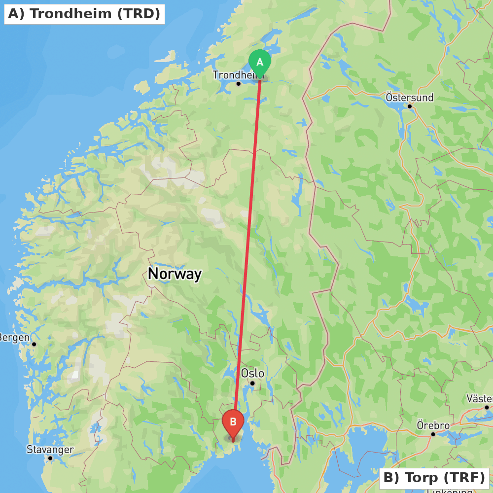 Flight route map from Trondheim to Torp