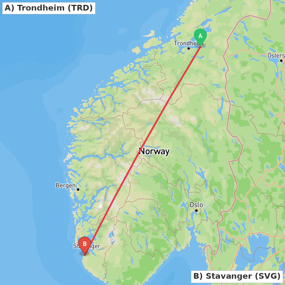 Flight route map from Trondheim to Stavanger