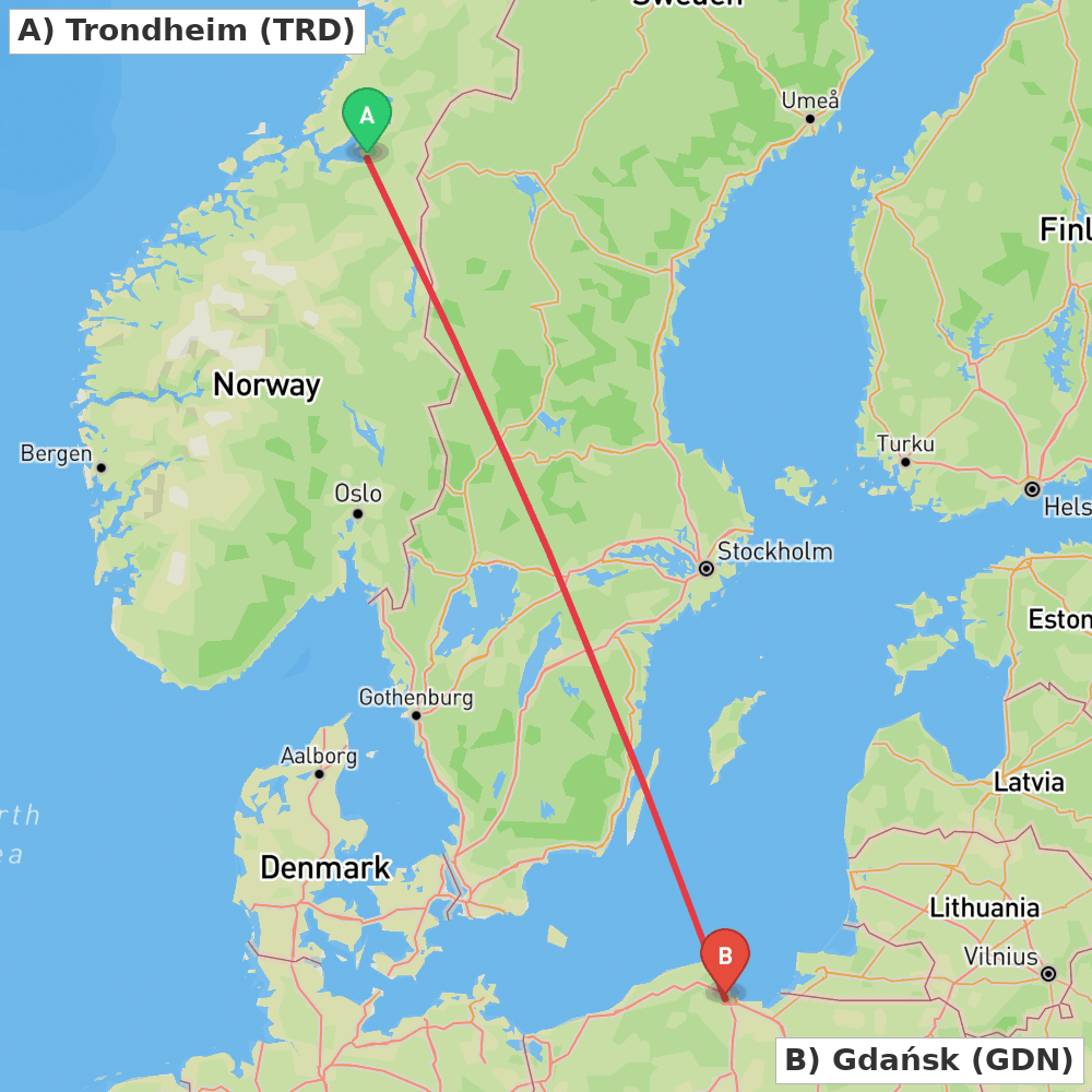 Flight route map from Trondheim to Gdańsk