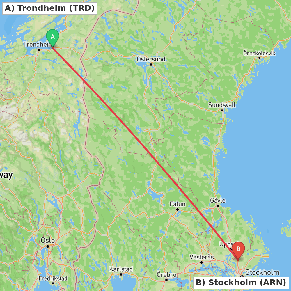 Flight route map from Trondheim to Stockholm