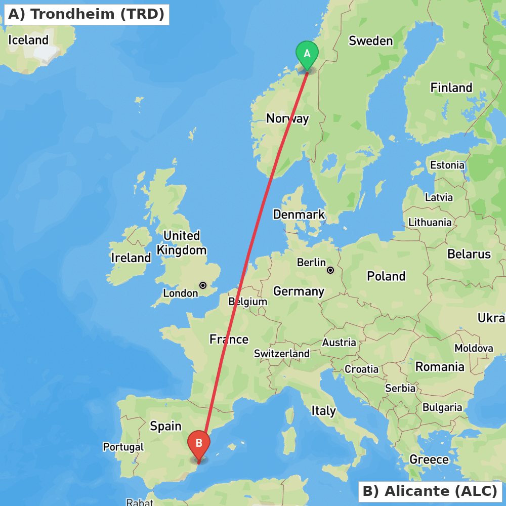 Flight route map from Trondheim to Alicante
