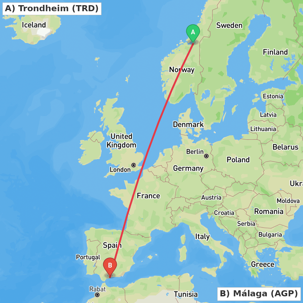 Flight route map from Trondheim to Málaga