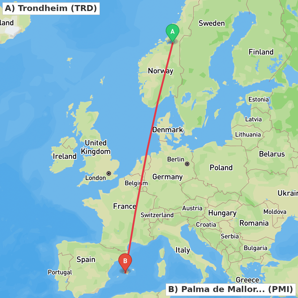 Flight route map from Trondheim to Palma de Mallorca