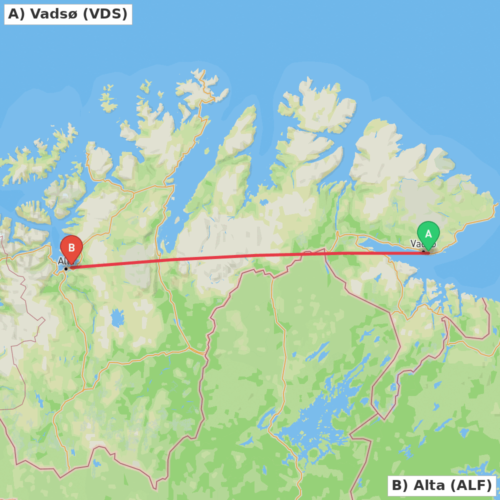 Flight route map from Vadsø to Alta