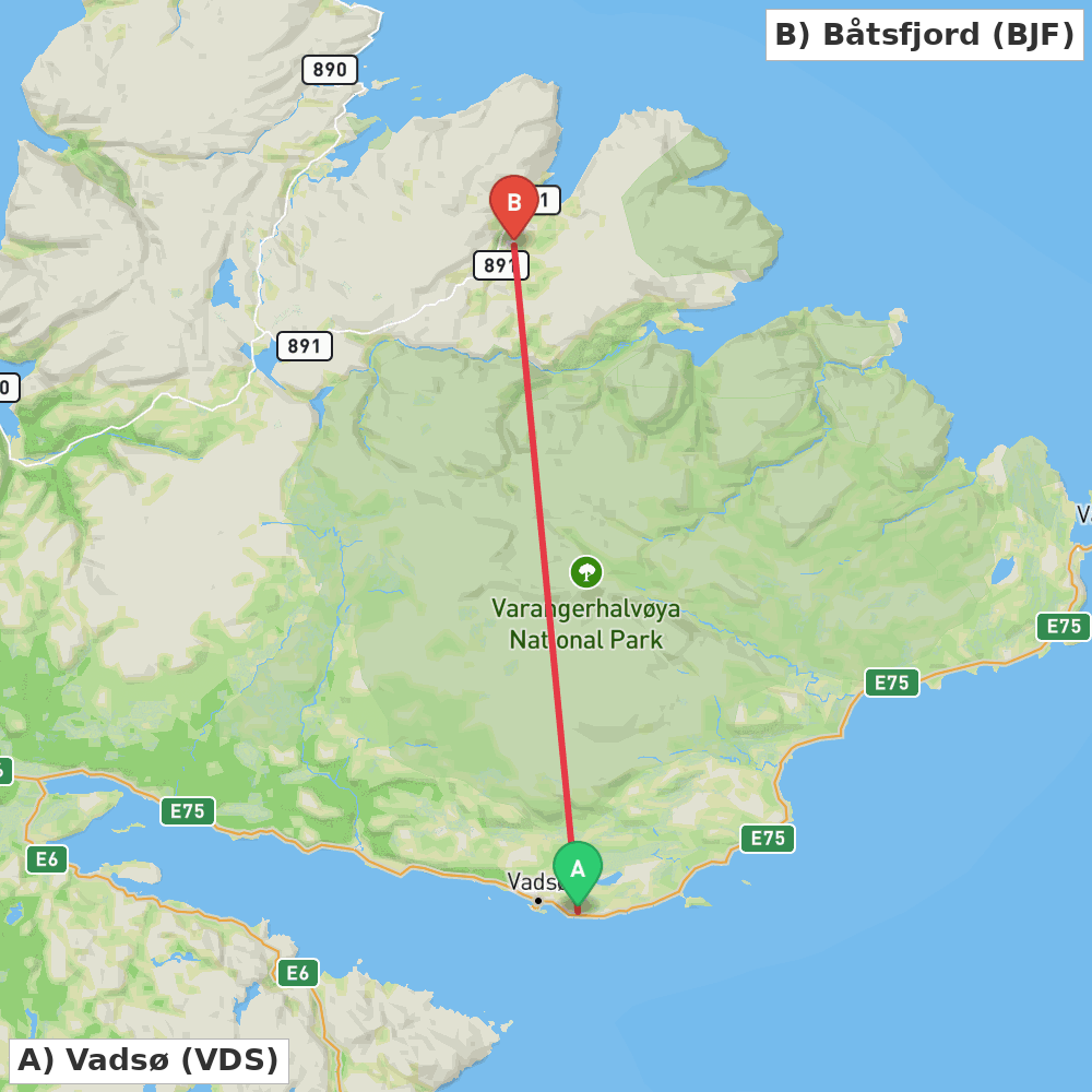 Flight route map from Vadsø to Båtsfjord