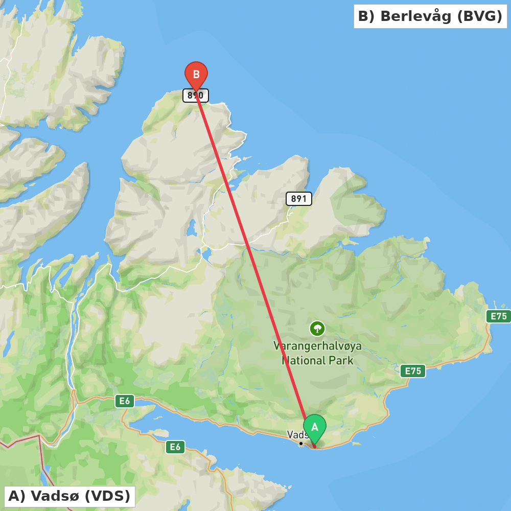 Flight route map from Vadsø to Berlevåg