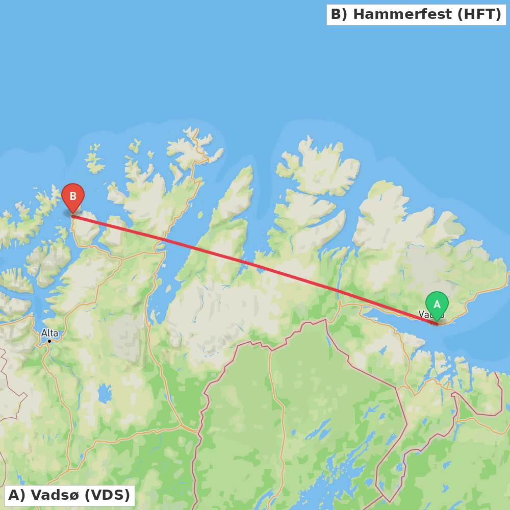 Flight route map from Vadsø to Hammerfest