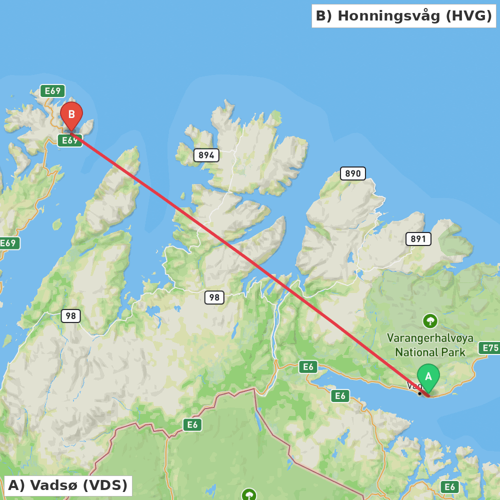 Flight route map from Vadsø to Honningsvåg