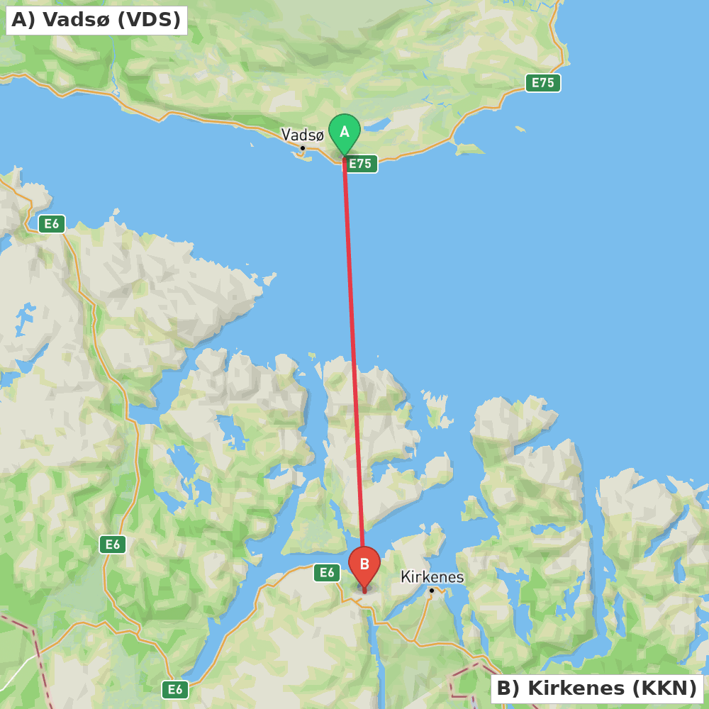 Flight route map from Vadsø to Kirkenes