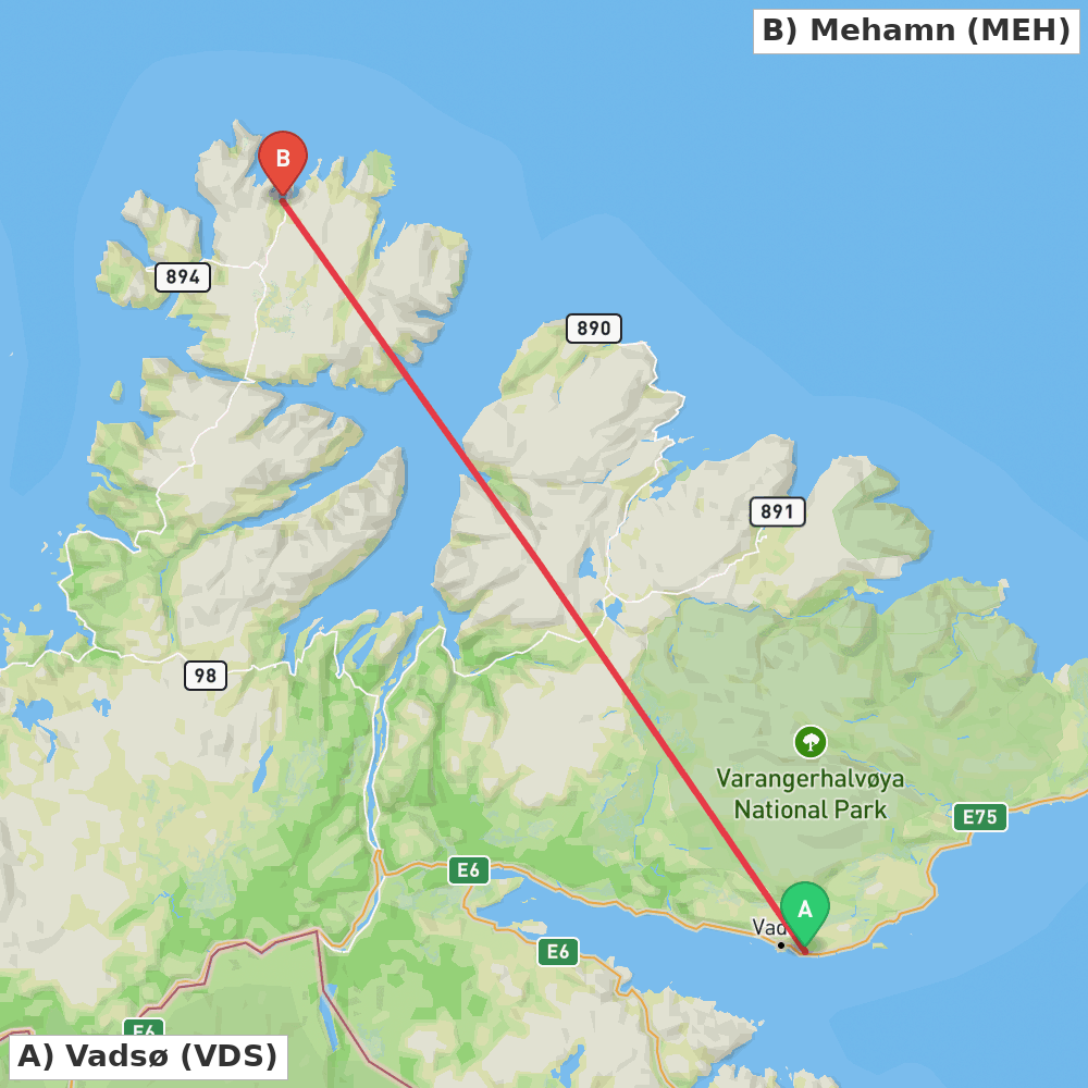 Flight route map from Vadsø to Mehamn