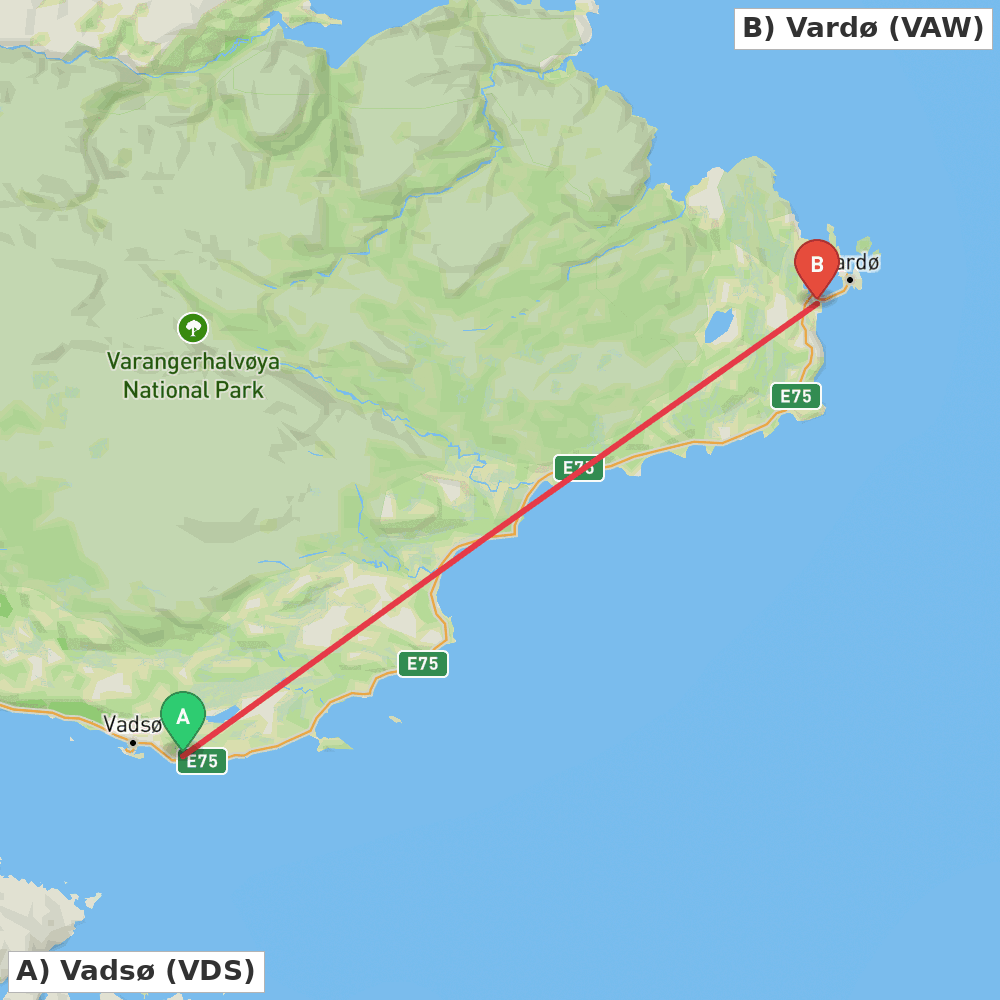 Flight route map from Vadsø to Vardø
