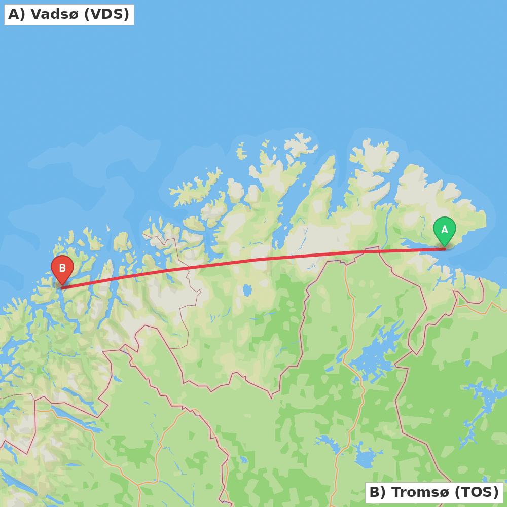 Flight route map from Vadsø to Tromsø