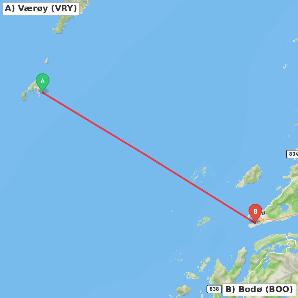 Flight route map from Værøy to Bodø