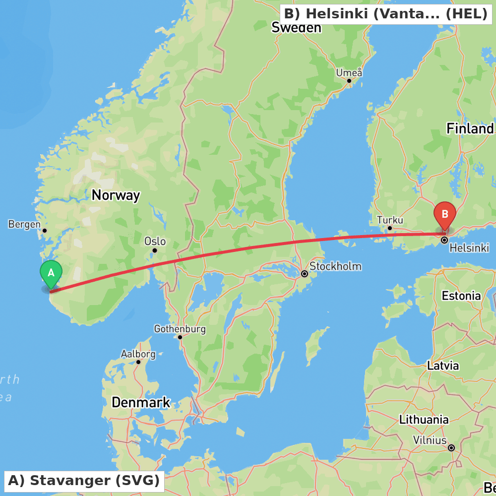Flight route map from Stavanger to Helsinki (Vantaa)