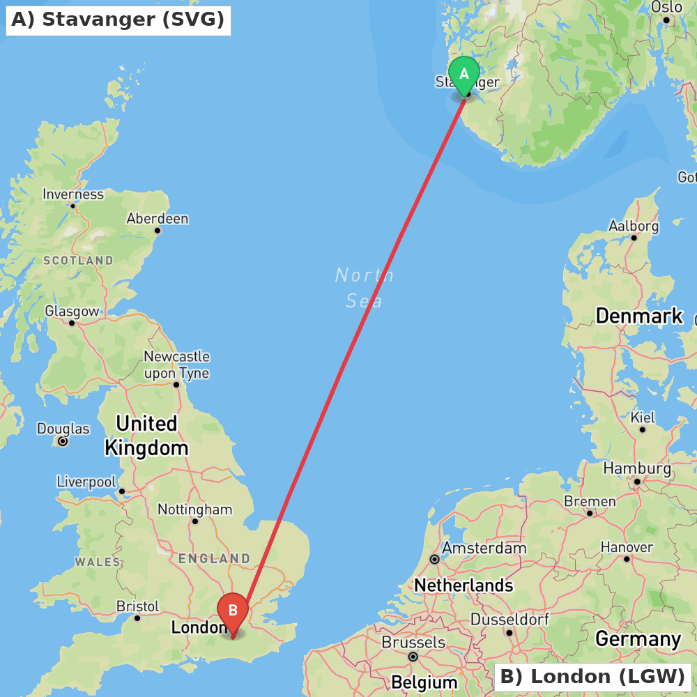 Flight route map from Stavanger to London