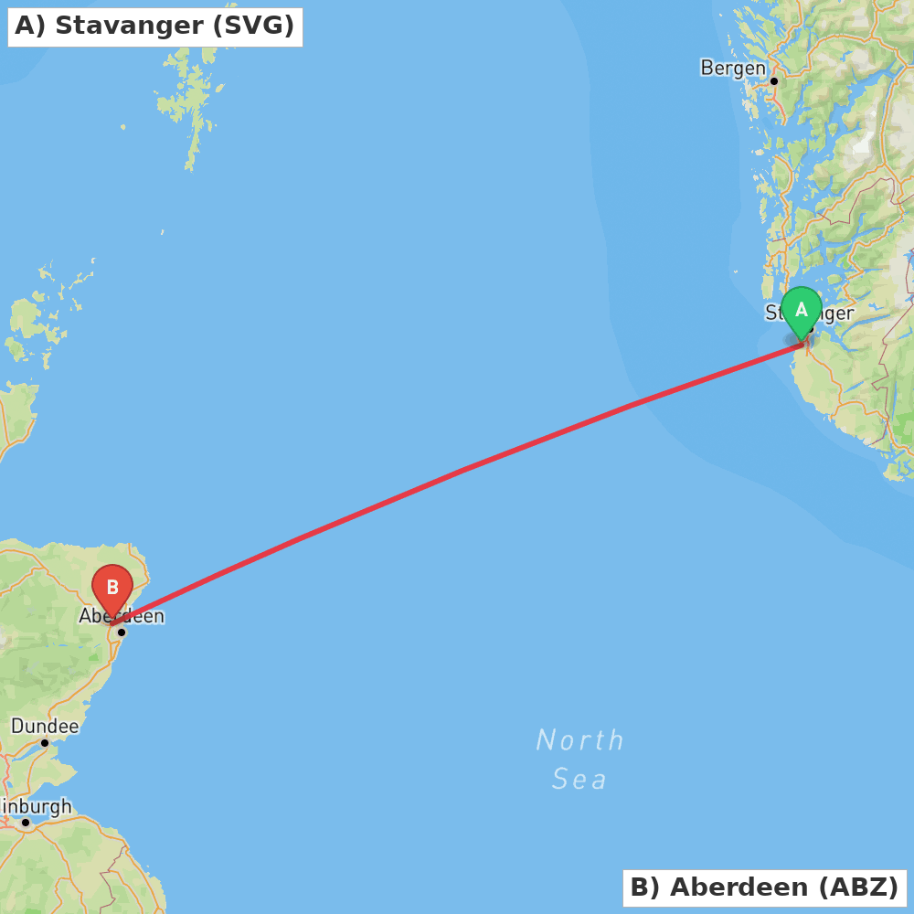 Flight route map from Stavanger to Aberdeen