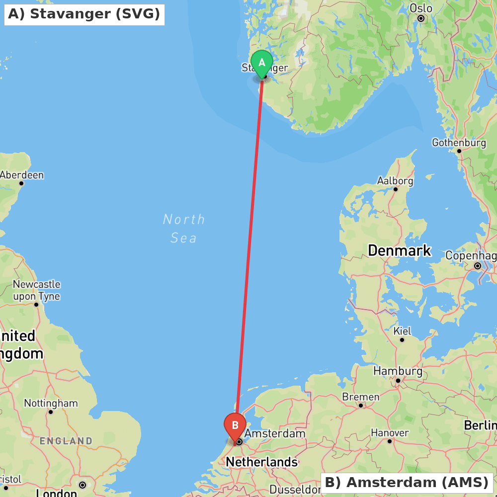 Flight route map from Stavanger to Amsterdam